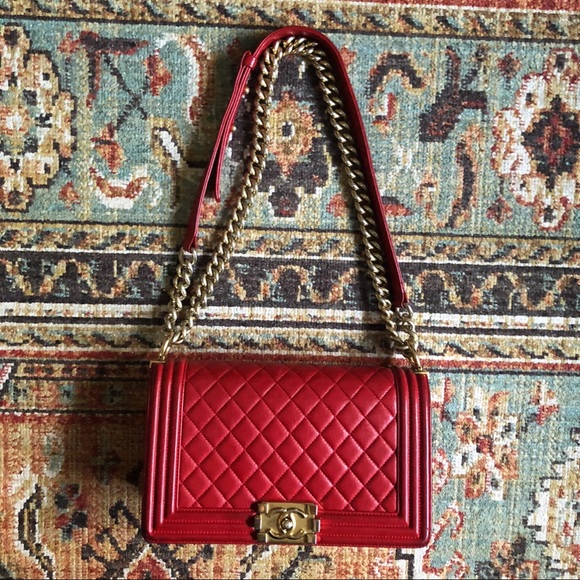 SOLD**Chanel Boy Flap Quilted Lambskin Medium Red - Picture 4 of 12